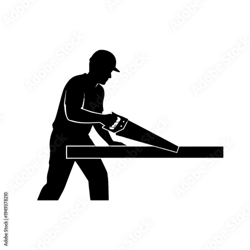 Silhouette of a carpenter cutting a wooden beam at a worksite.