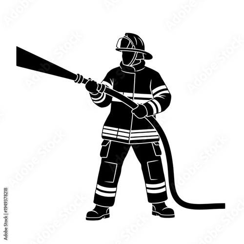 Firefighter in full gear spraying water with hose on duty and ready to respond.