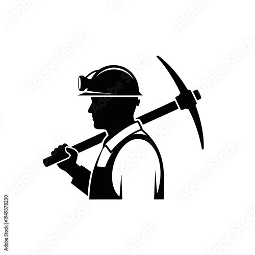 Silhouette of a miner wearing a helmet with a pickaxe over the shoulder, industrial worker in profile.