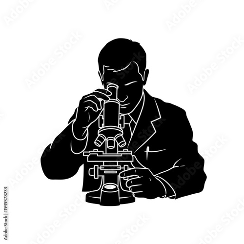 Portrait of a researcher inspecting a specimen through a microscope in a laboratory setting.