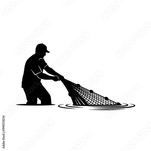 Silhouette of a Fisherman Casting a Net by the Water in a Quiet Outdoor Scene.