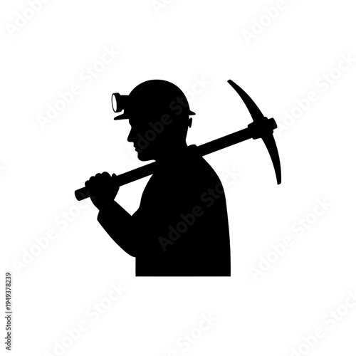 Silhouette of a miner carrying a pickaxe over shoulder in profile.