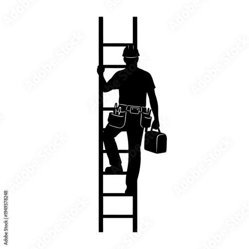 Silhouette of a Worker Climbing a Ladder with Toolbox in Hand, Representing Manual Labor and Height.