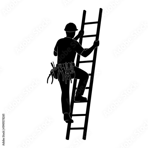 Silhouette of a worker climbing a tall ladder with safety gear and tools.