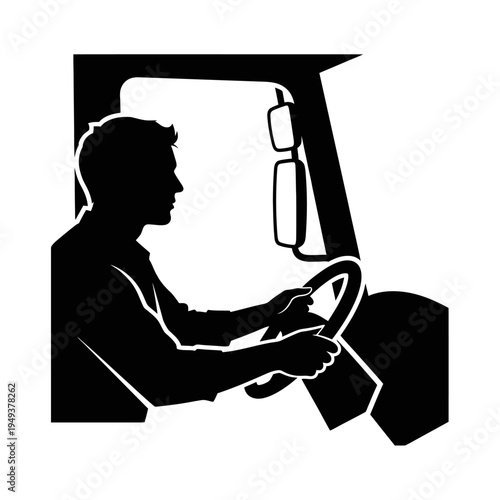 Side silhouette of a driver inside a vehicle, focusing on the road, motion and transportation.