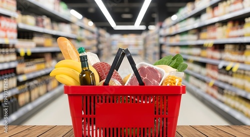 Red shopping basket filled with fresh bread, fruit, and groceries placed on a wooden table with blurred supermarket background.