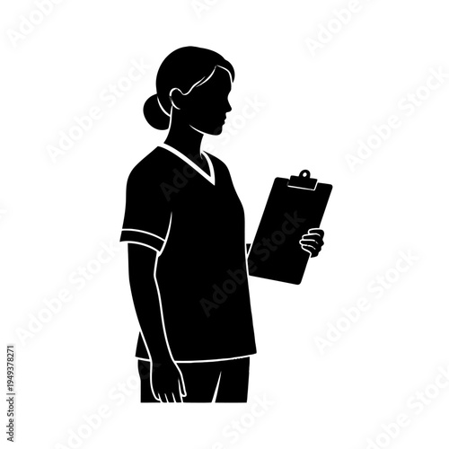 Healthcare Professional Silhouette Holding Clipboard in Hospital Setting.