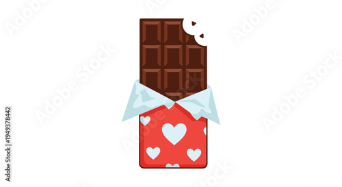 Partially unwrapped milk chocolate bar with a bite taken out, featuring a red wrapper decorated with soft blue hearts.