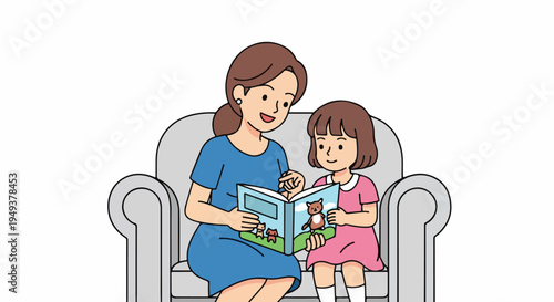 Mother reading a storybook to her happy daughter on a sofa, depicting family bonding, childhood education, and heartwarming moments.