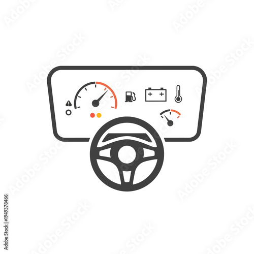 Car dashboard with steering wheel.