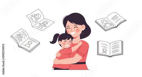 Happy mother and child sharing a loving hug surrounded by open books, illustrating the joy of reading, learning, and family bonding through storytelling and education.