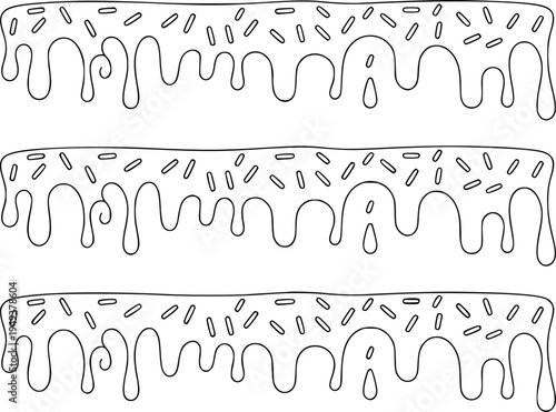 Rows of black outline dripping frosting with sprinkles a white background icing sweet