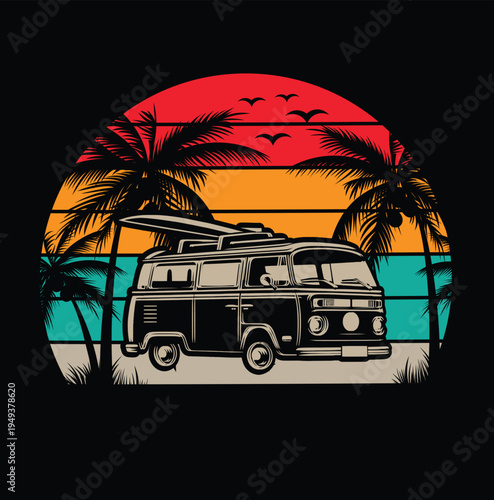 Vintage Camper Van at Tropical Beach Sunset Vector Illustration, Retro Surf Van with Palm Trees