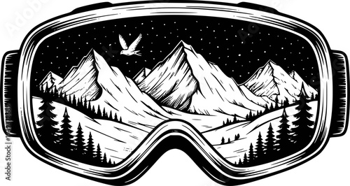 Black and white mountain landscape reflected in ski goggles with bird flying reflection
