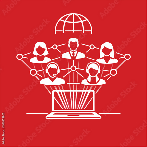 Remote Work Collaboration Network with Laptop Connecting Global Team Avatars in Digital Workspace – Vector Illustration