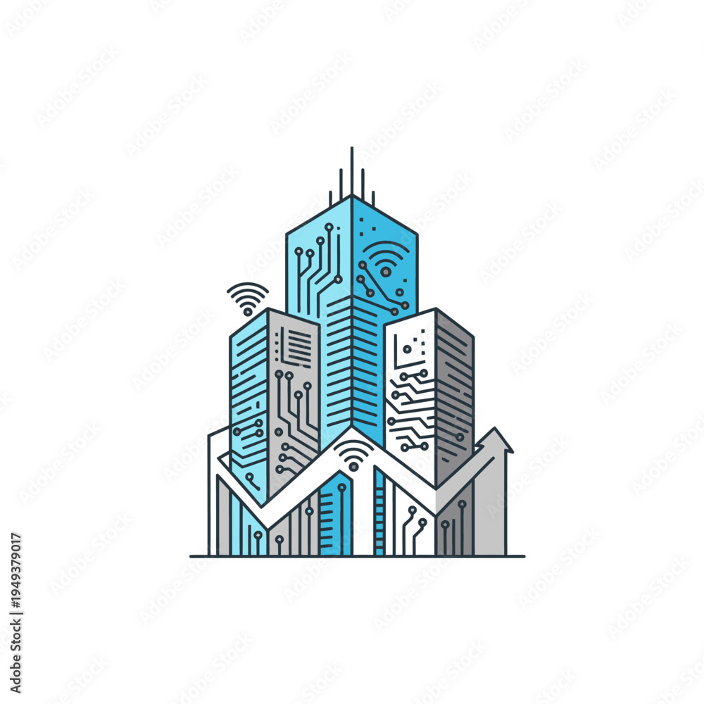 Fototapeta premium Modern city skyscraper with circuit board.