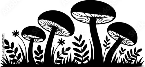 Black silhouette of forest mushrooms and plants a white background fungi nature