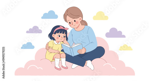 Mother reading a book to her daughter while sitting on clouds, illustrating childhood, imagination, and family bonding.
