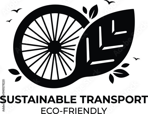Creative black silhouette of a bicycle wheel merging into a large natural plant leaf with flying birds for sustainable transport and eco friendly environment ecology concepts.