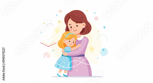 Mother hugging her daughter, celebrating love, family, and childhood with a magical, heartwarming illustration.