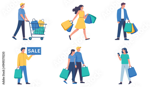 Shopping People Characters Buyer Customer Retail Store Market Consumer Bag Purchase Lifestyle Mall Crowd Illustration Isolated White Background