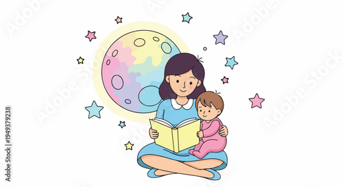Mother reading a book to her baby under a colorful moon and stars, illustration of bedtime story and family bonding