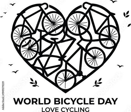 Creative black silhouette of bicycles forming a large heart shape with birds and leaves for world bicycle day poster design promoting a love for cycling and healthy living.