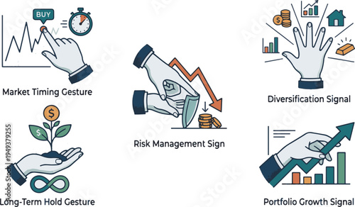 Business Finance Concept Illustrations - Hand Signals for Market Timing, Long-Term Holding, and Asset Diversification.