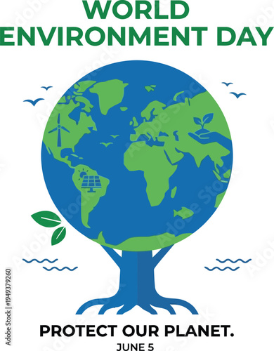 World environment day creative poster design showing a blue tree with a green earth globe canopy featuring solar panels and wind turbines to protect our planet on june fifth.