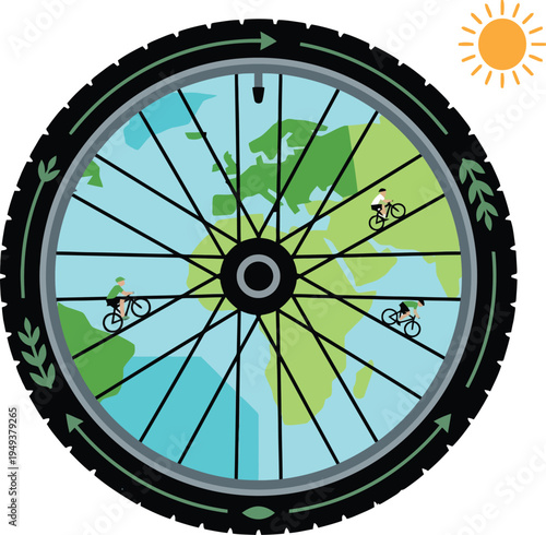 Creative bicycle wheel tire framing the earth globe map with people riding bikes on spokes symbolizing global eco friendly transportation and a sustainable green environment.