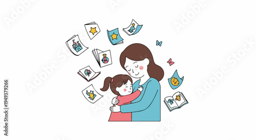 Mother hugging her daughter surrounded by drawings and books, symbolizing education and childhood imagination