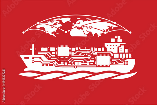 Technology Powered Global Trade Cargo Ship Built from Microchips Representing Digital Commerce Infrastructure – Vector Illustration