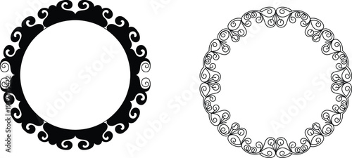 Intricate circular pattern composed of ornate floral and vine motifs in black and white Vector

