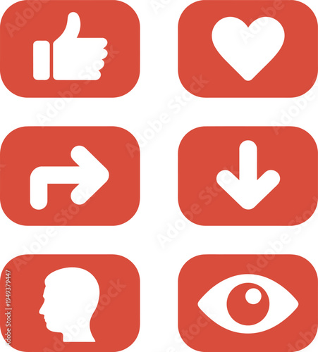 Set of six social media and sharing action icons in red color Vector

