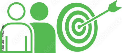 Green icon of two people and a target with an arrow
