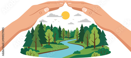 Two hands forming a protective roof over a beautiful green forest landscape with a flowing river and bright sun symbolizing environmental conservation and nature protection.