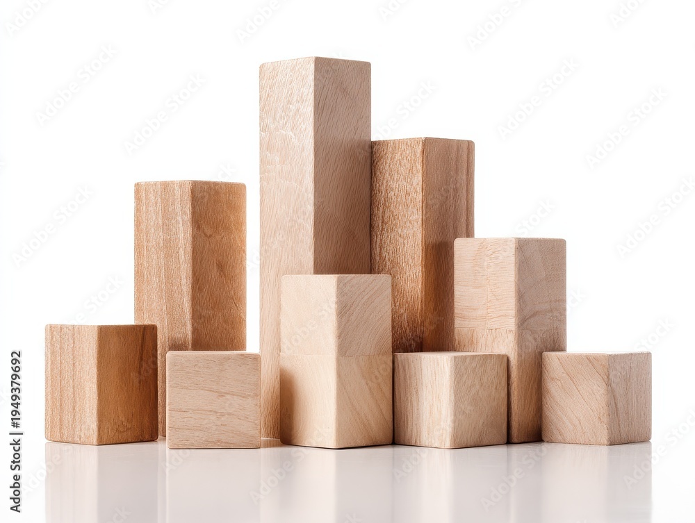 Obraz premium growth concept wooden blocks centered composition full body isolated on pure white background studio lighting no shadow under subject high detail sharp focus commercial product photography no environ