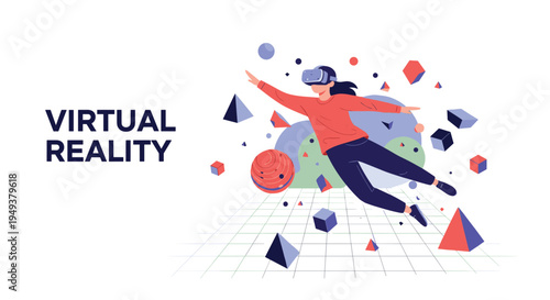 Person wearing a virtual reality headset floating in a digital space surrounded by abstract geometric shapes and grid lines.