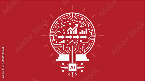 Artificial Intelligence Predictive Analytics Crystal Ball Powered by AI Processor Forecasting Future Business Trends – Vector Illustration