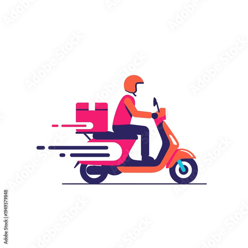 Delivery man riding a scooter fast.