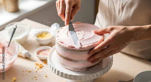 Baker Decorating Pink Frosted Layer Cake with Spatula on White Stand