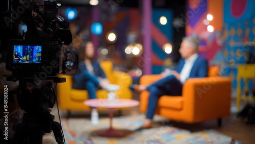 A professional broadcast camera films a talk show interview in a vibrant modern studio featuring colorful decor bright orange armchairs and soft cinematic background bokeh.