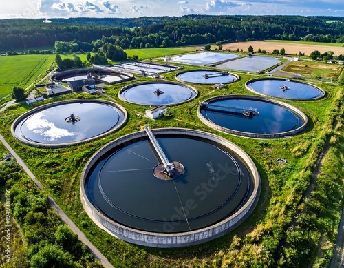 Elevated aerial of circular water treatment plant amidst green fields under a slightly cloudy sky