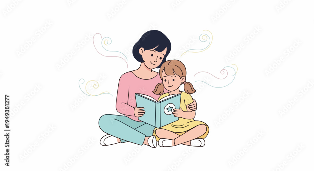 Fototapeta premium Loving Mother and Daughter Reading Book Together, Sharing Stories and Learning in a Cozy, Educational Moment of Childhood Bonding and Family Time