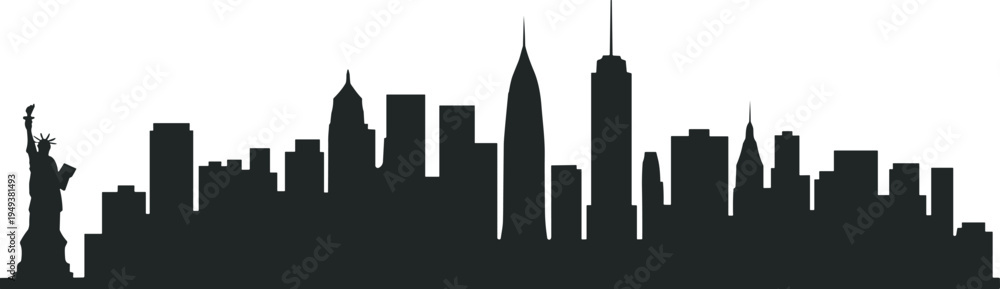 Obraz premium New York City skyline silhouette with Statue of Liberty and skyscrapers isolated on white background, famous USA urban landmark