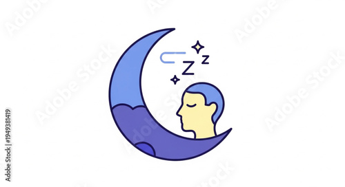 Stylized Illustration of a Person Sleeping Peacefully on a Crescent Moon.