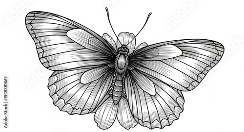 Detailed Butterfly Illustration with Intricate Wing Patterns and Delicate Antennae.