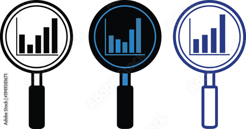 Magnifying glasses with bar graphs for data analysis