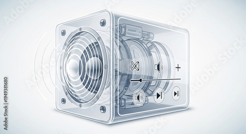 Transparent Speaker with Visible Internal Components and Controls.