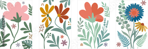 Set of four modern botanical wall art panels with stylized flowers in earthy tones on a clean white background.